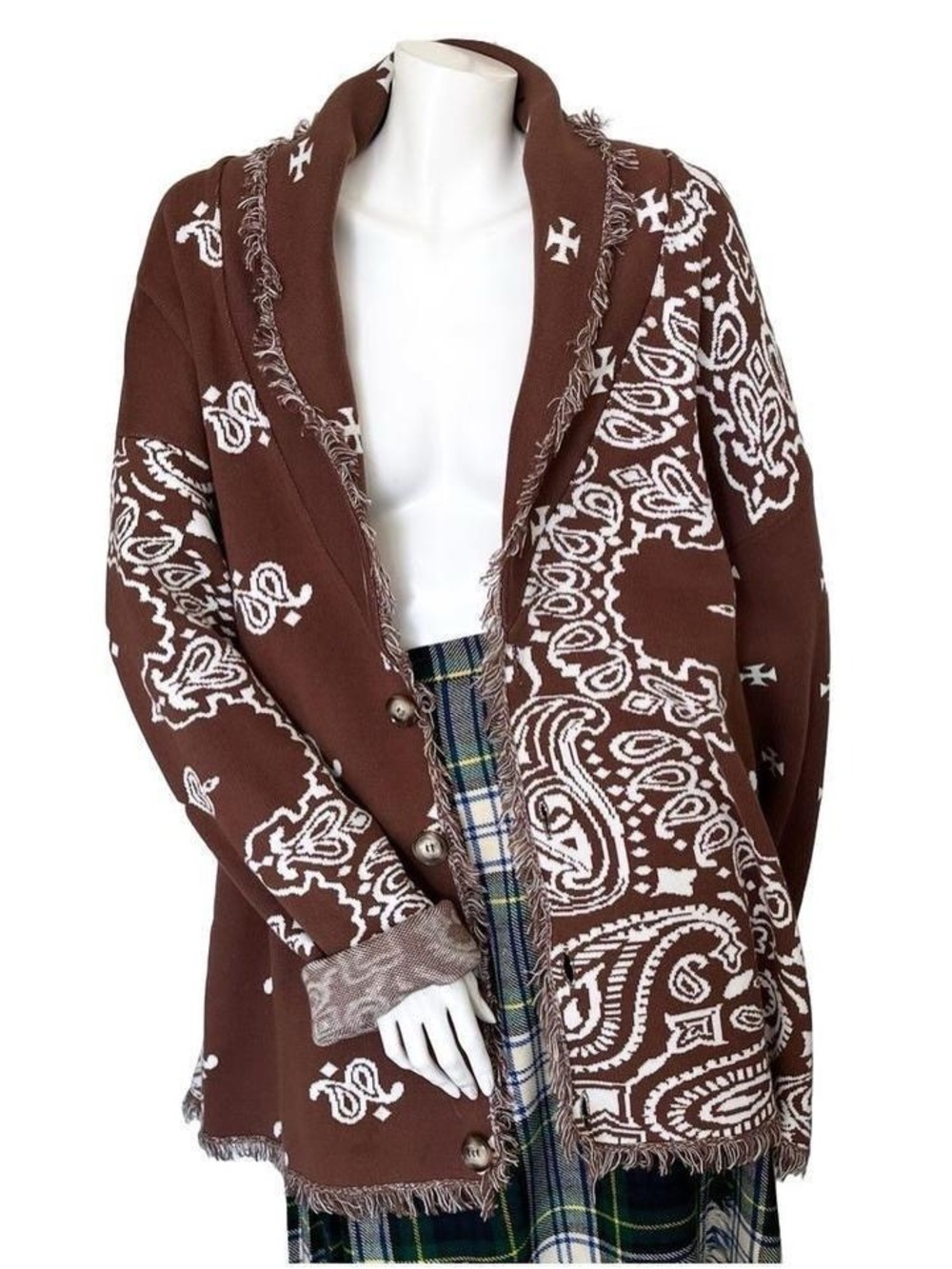 Jaded London Brown Paisley Shawl-Collar Cardigan Jacket Boho Fringe Tapestry - Picture 5 of 8
